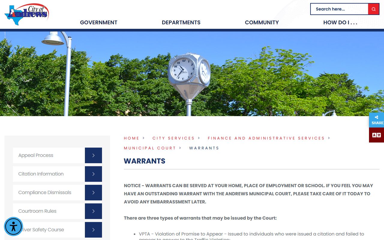 City of Andrews Municipal Court warrant information page