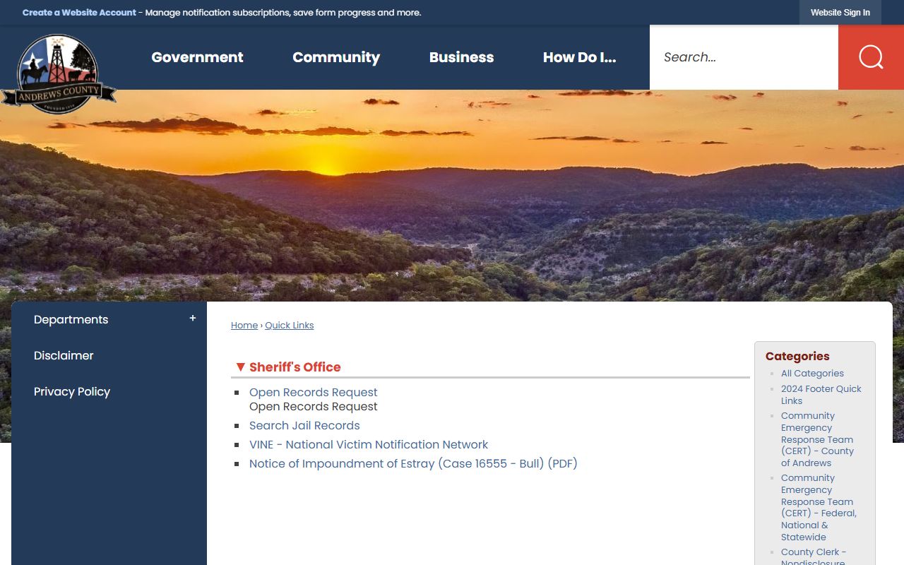 Andrews County inmate records sheriff quick links for jail records and VINELink