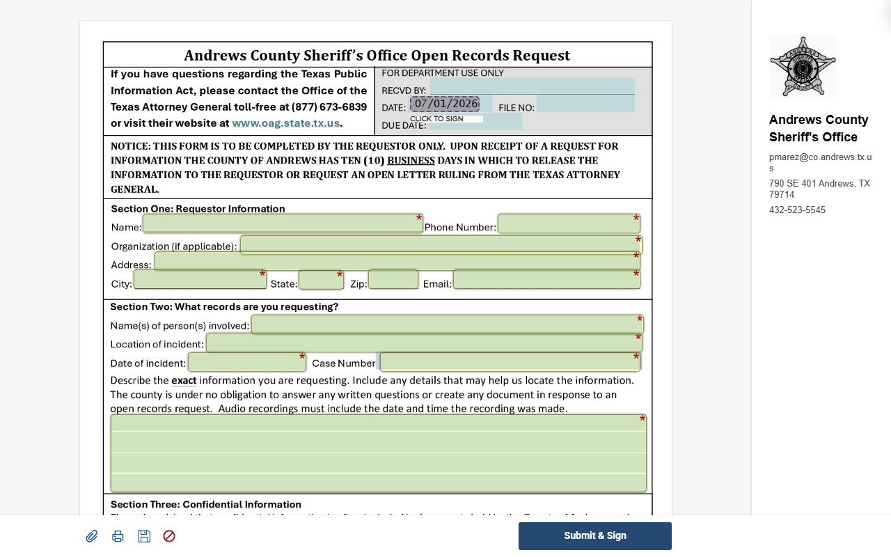 Andrews County inmate records open records request form