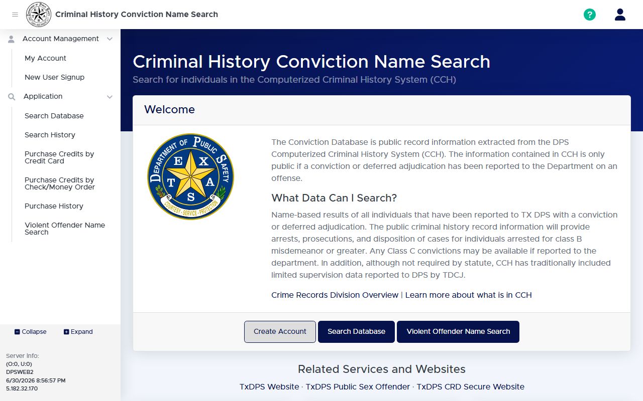 Texas DPS Conviction Name Search portal